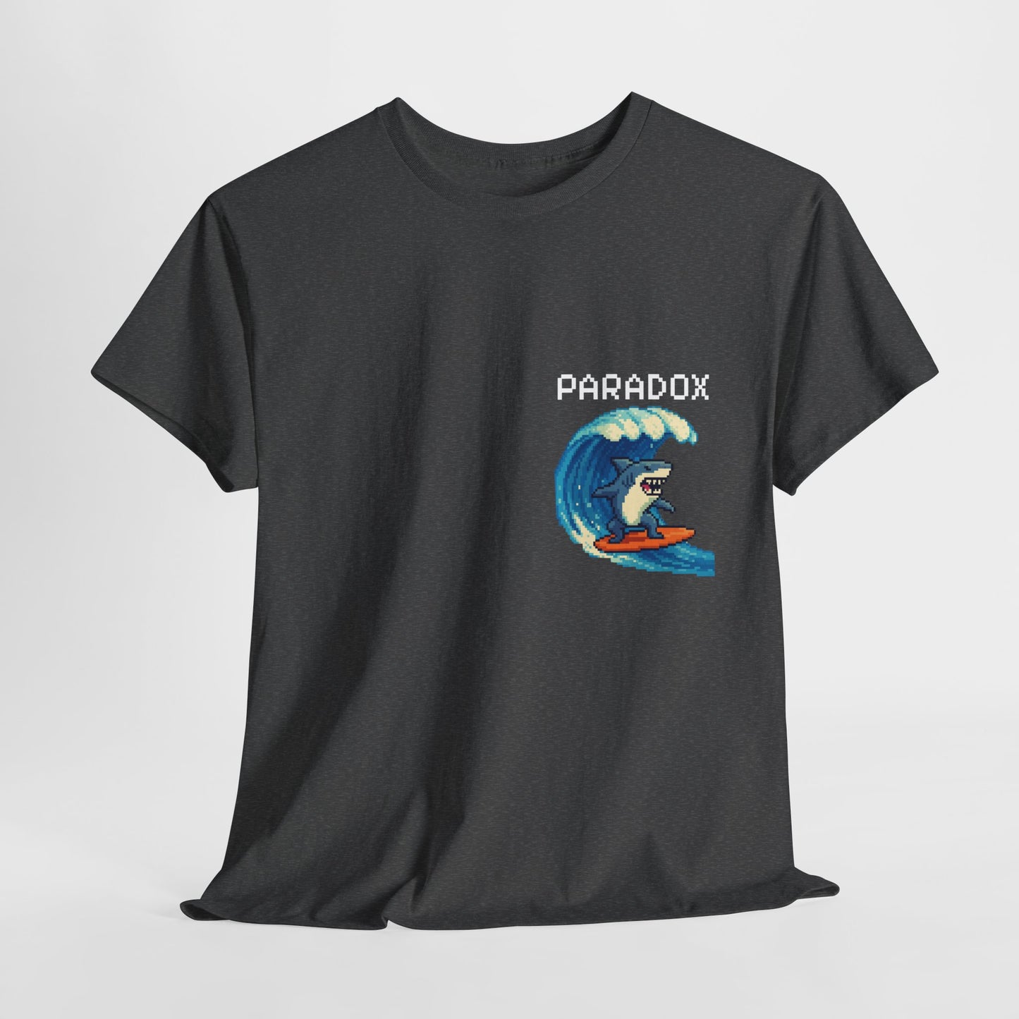 Gray t-shirt with a graphic pixel art of a shark surfing