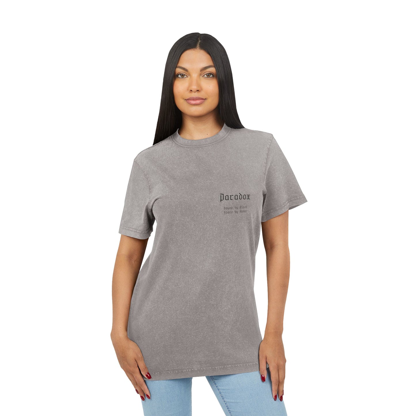 Gray t-shirt with graphic design of gladiator brothers waiting for battle on female model.