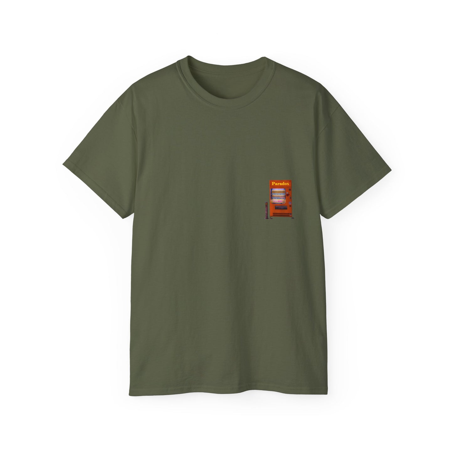 A green t-shirt featuring a graphic print of a vintage coffe vending machine.