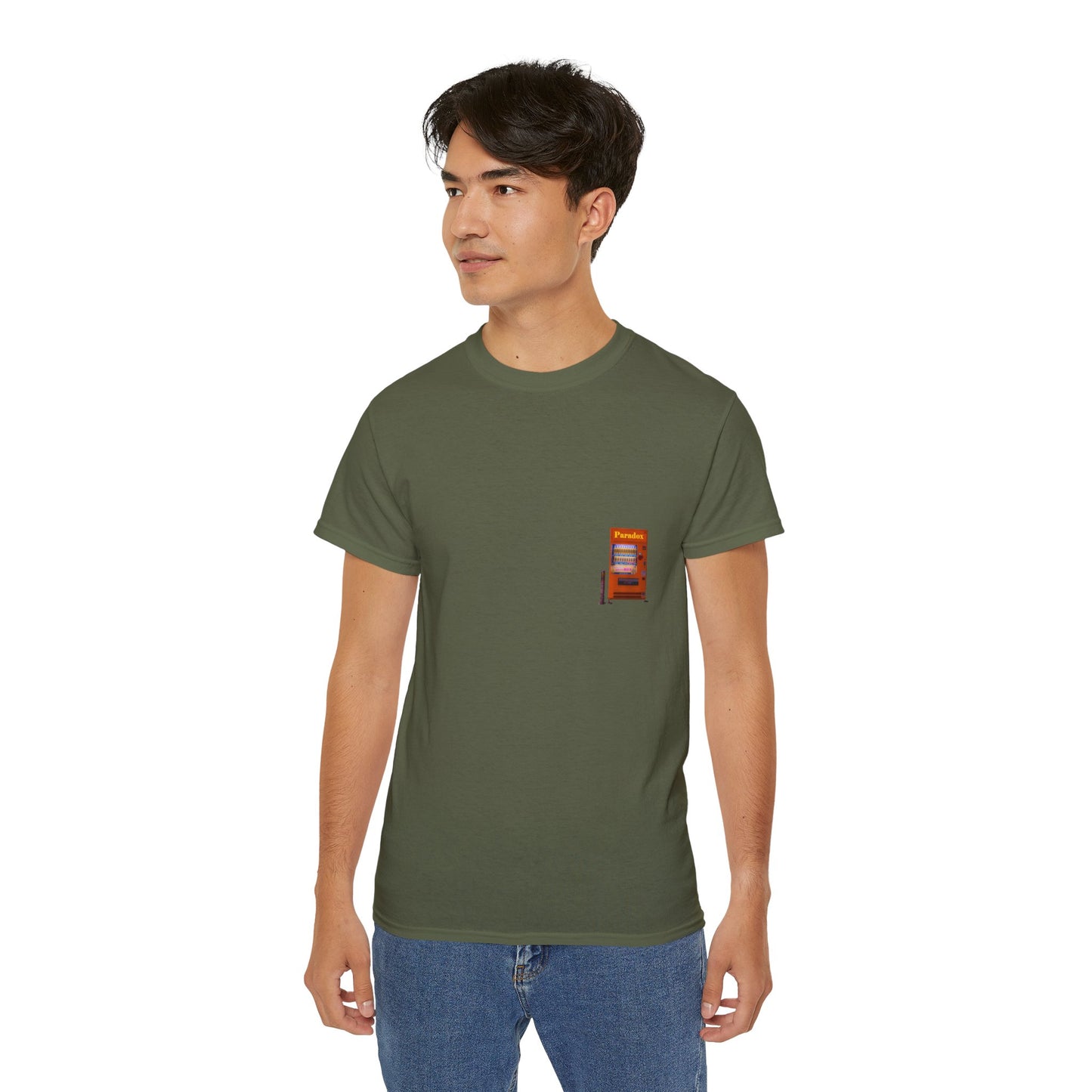 A green t-shirt featuring a graphic print of a vintage coffe vending machine on a male model.