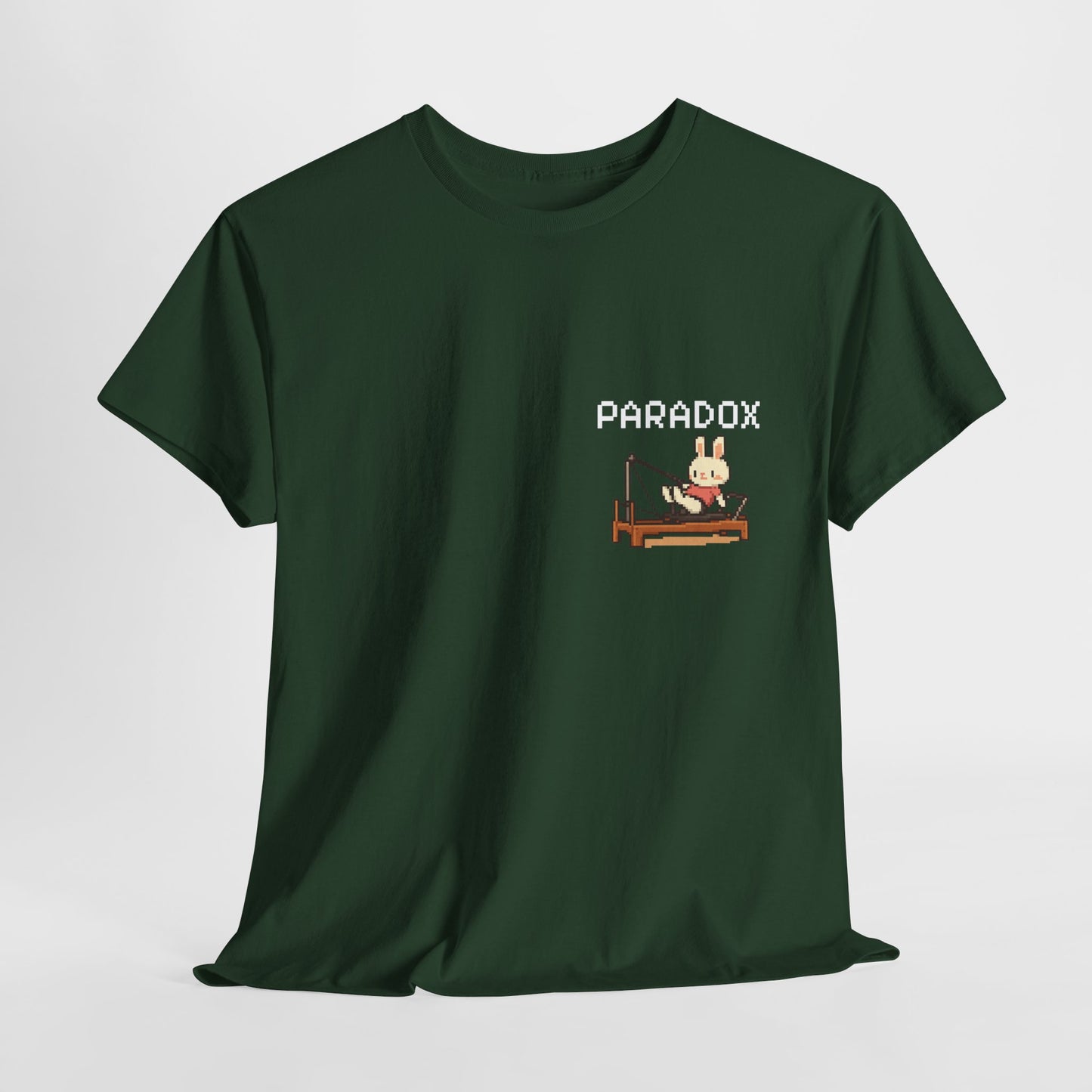 Green t-shirt with a graphic pixel art of bunny doing pilates