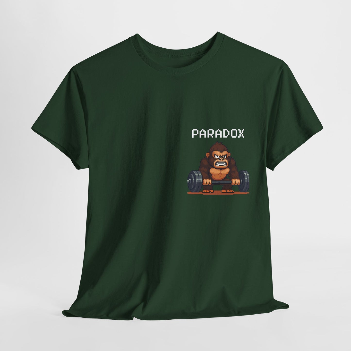 Green t-shirt with a graphic pixel art of gorilla in the gym