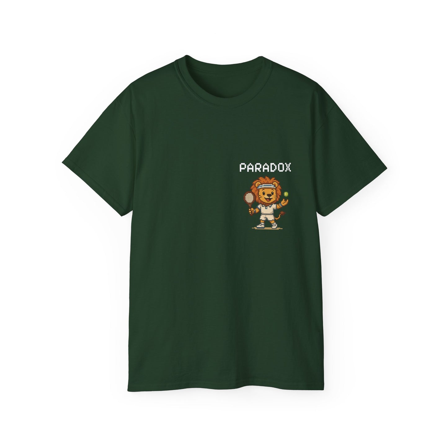 Green t-shirt with a graphic pixel art of a lion playing tennis