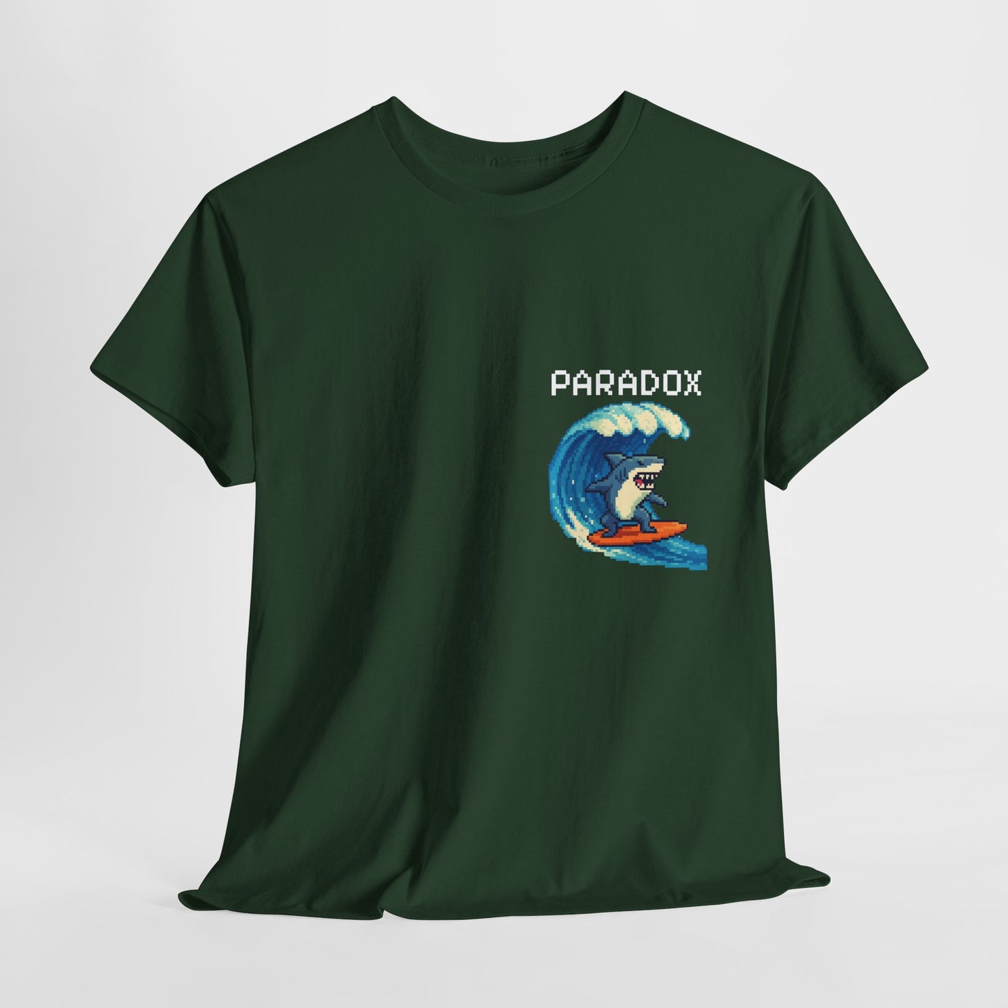 Green t-shirt with a graphic pixel art of a shark surfing