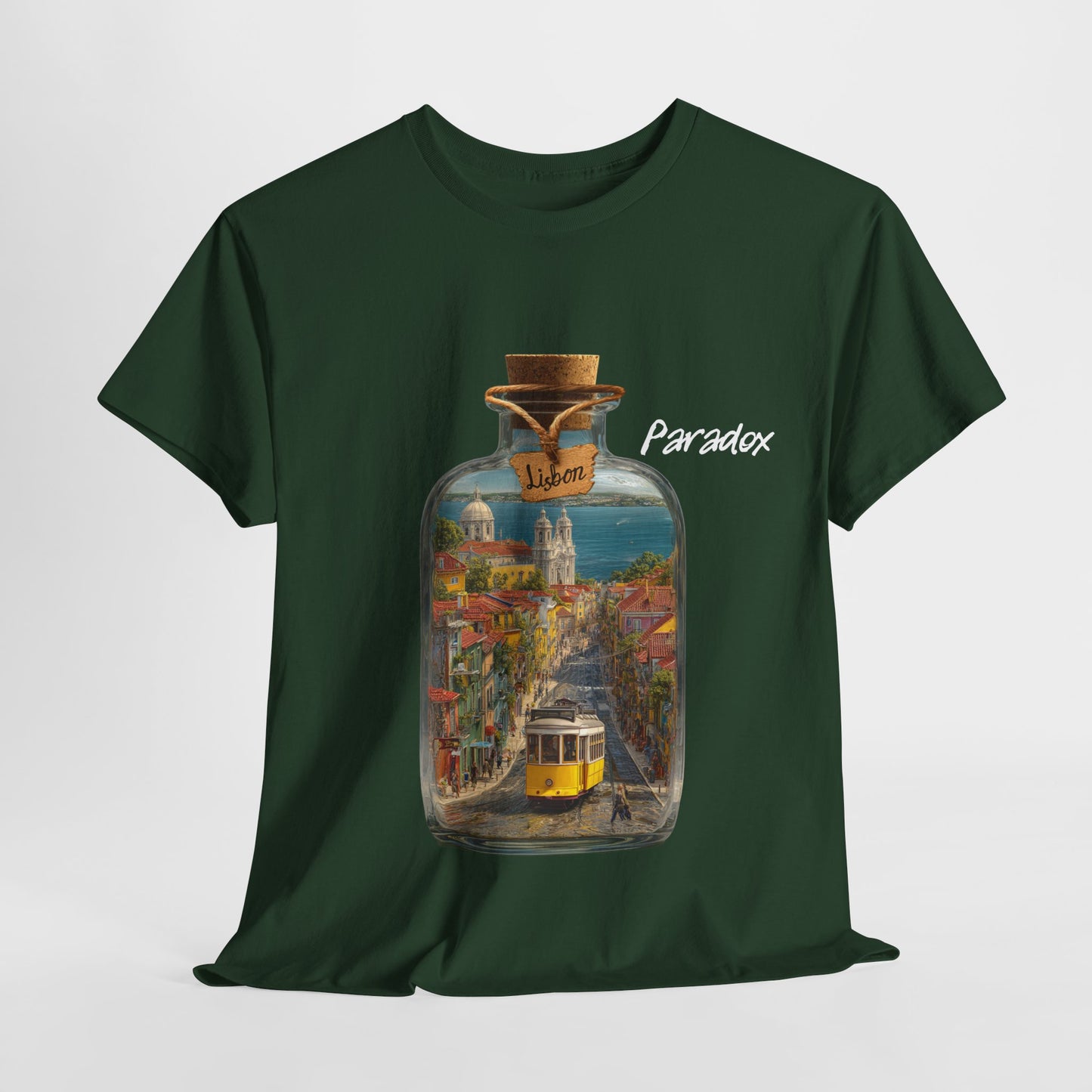Green t-shirt of glass bottle with Lisbon