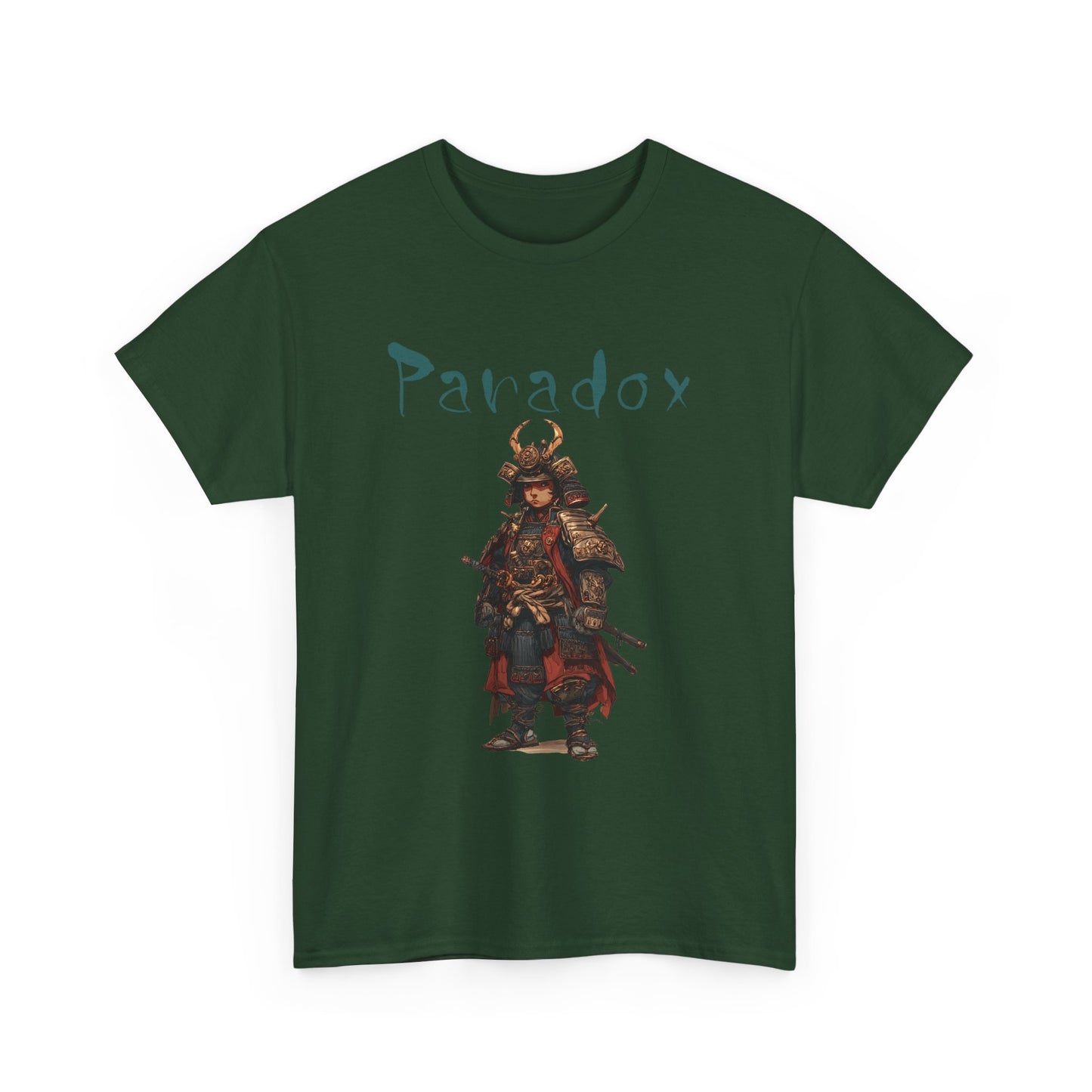 Green t-shirt with a graphic of a warrior featuring a samurai