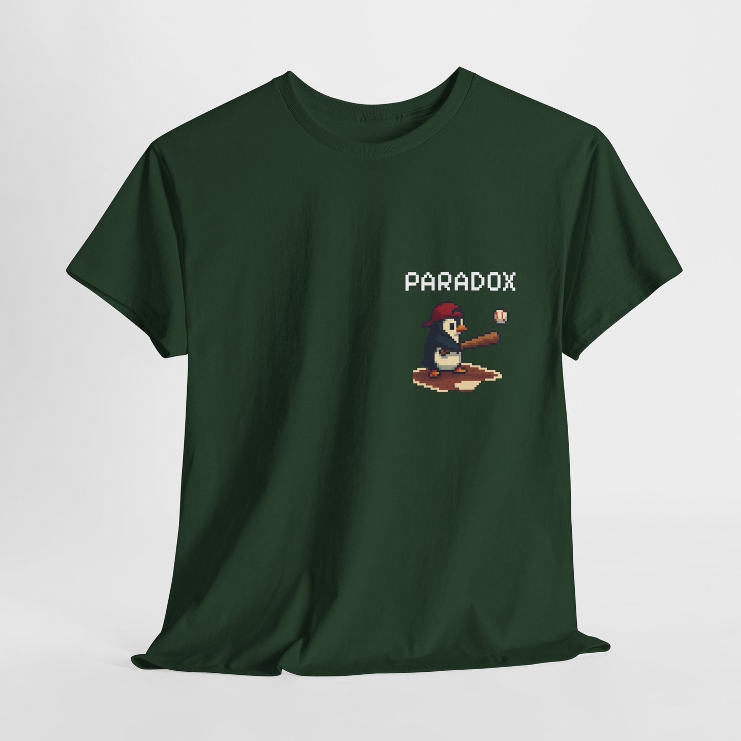 Green t-shirt with a pixel graphic of a penguin playing baseball