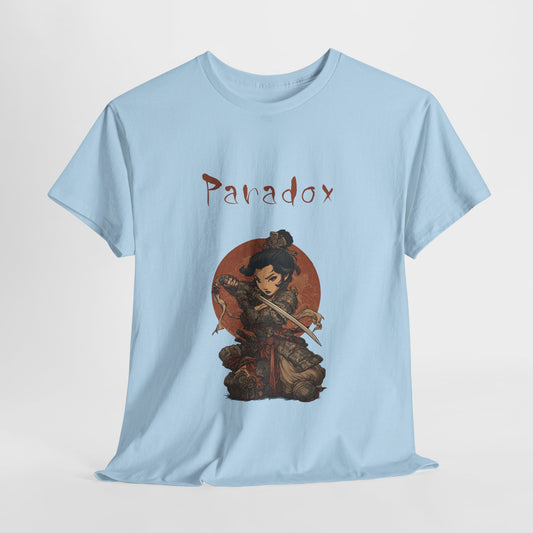 Light blue t-shirt with a graphic of a warrior featuring a lady samurai