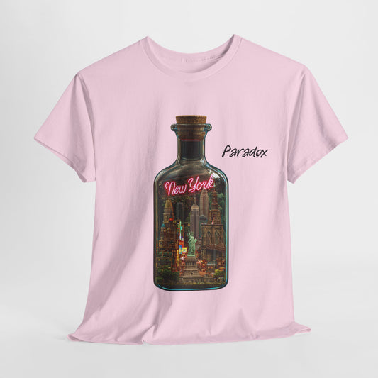 Light pink t-shirt with a graphic of a city featuring New York