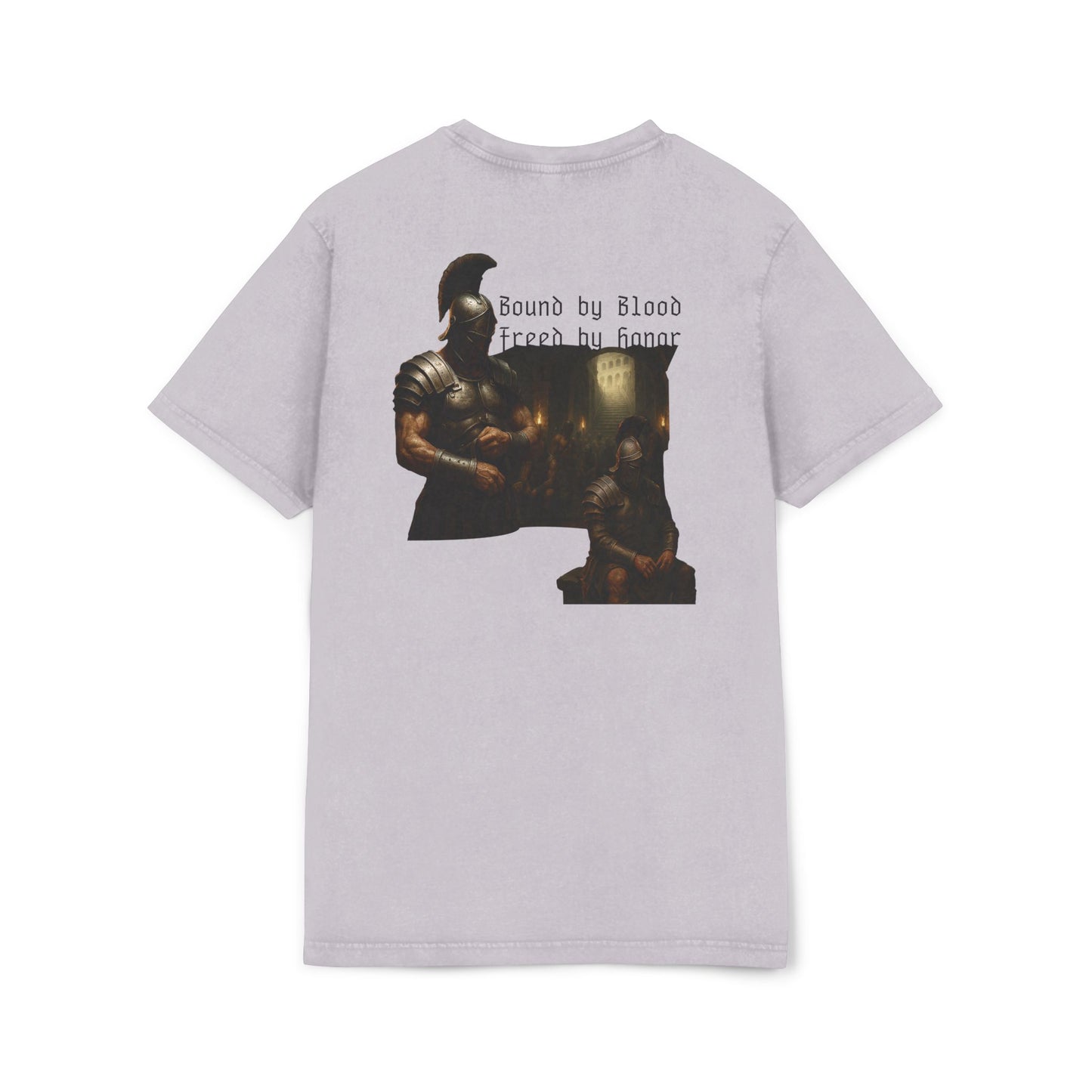 Light purple t-shirt with graphic design of gladiator brothers waiting for battle.