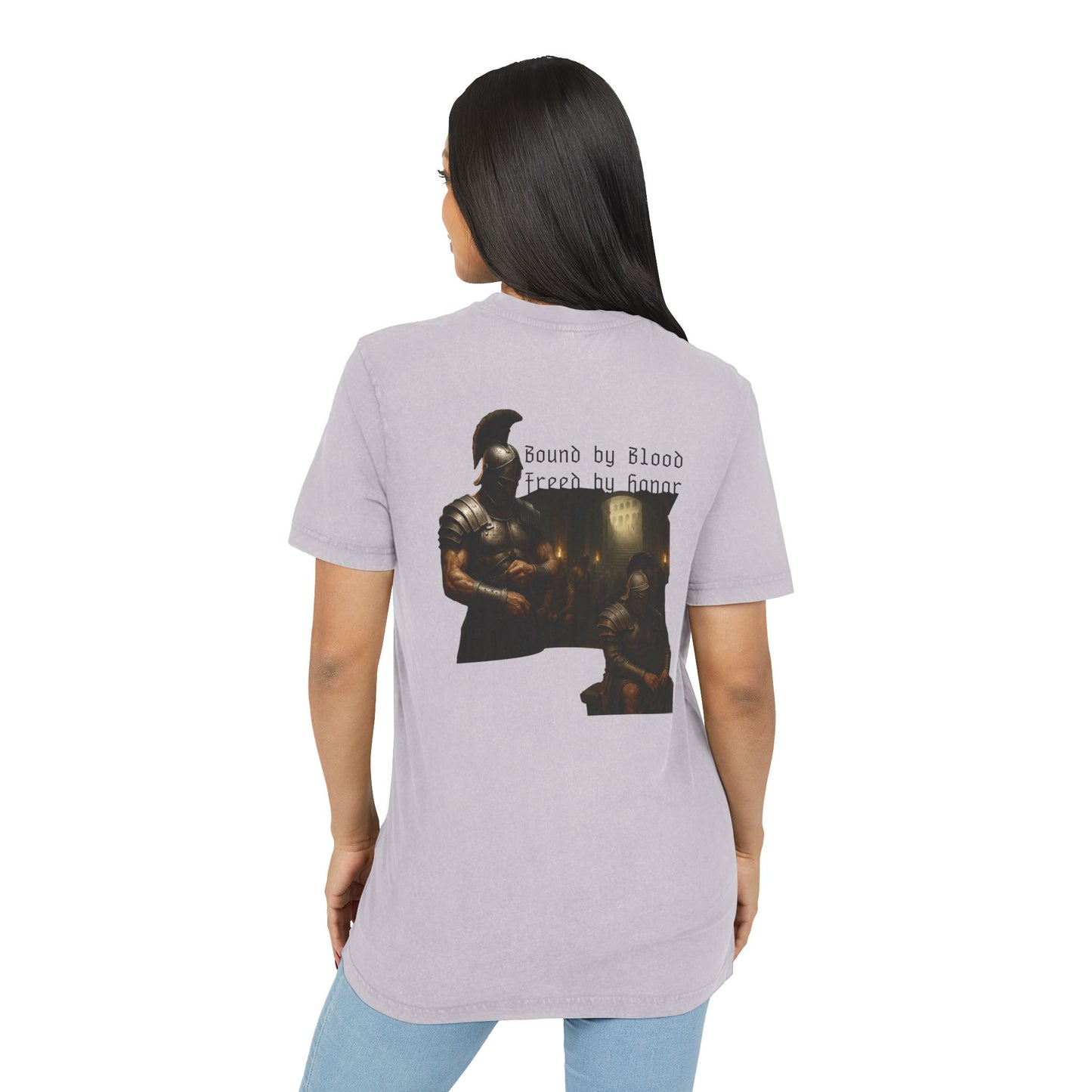 Light purple t-shirt with graphic design of gladiator brothers waiting for battle on female model.
