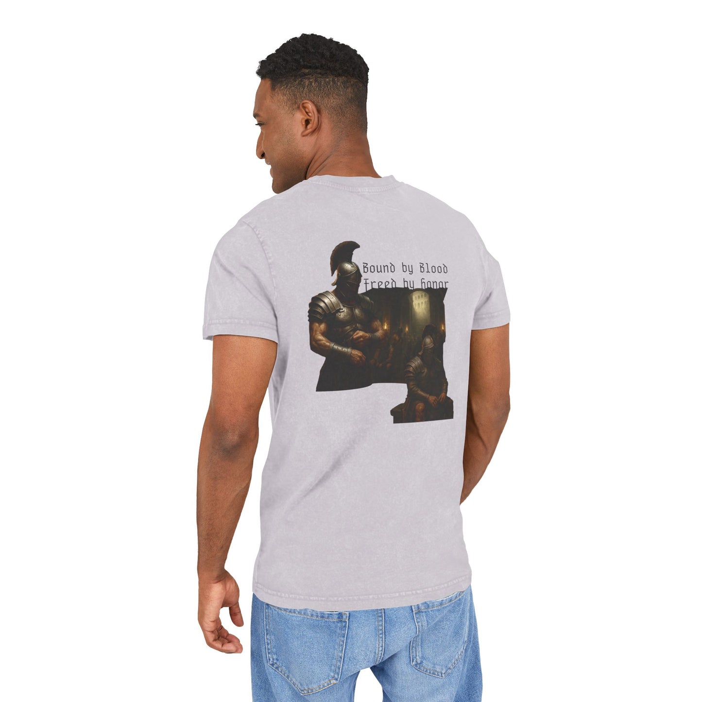 Light purple t-shirt with graphic design of gladiator brothers waiting for battle on male model.