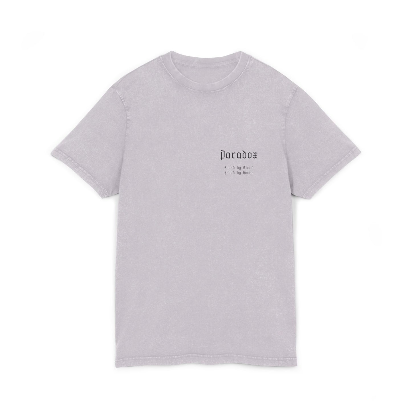 Light purple t-shirt with graphic design of gladiator brothers waiting for battle.