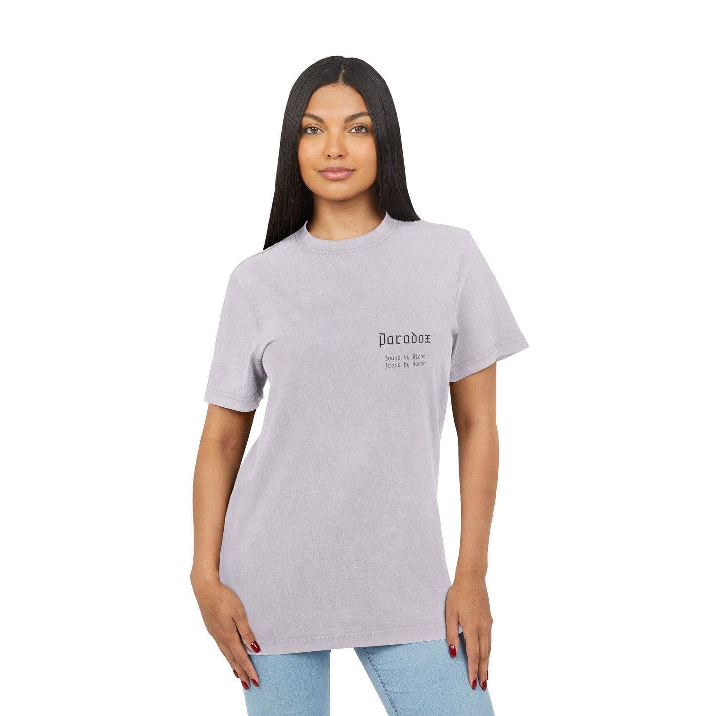 Light purple t-shirt with graphic design of gladiator brothers waiting for battle on female model.