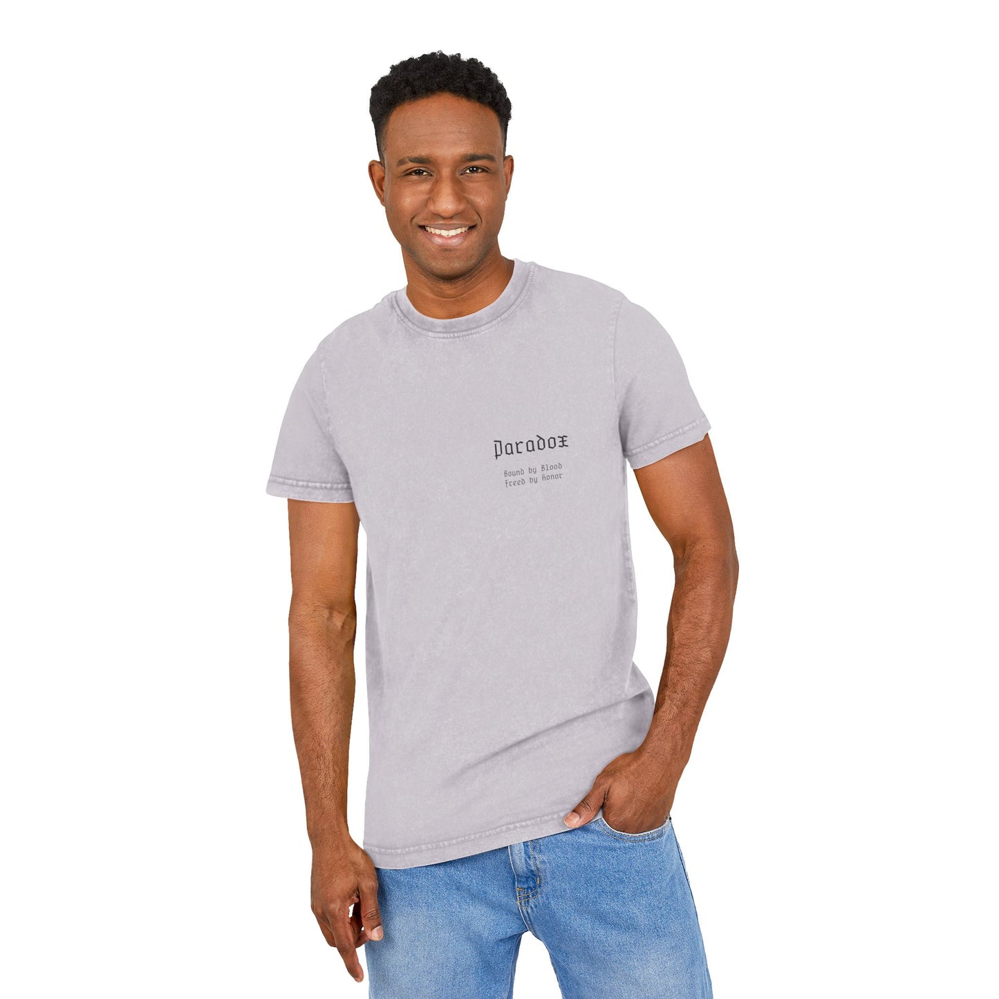 Light purple t-shirt with graphic design of gladiator brothers waiting for battle on male model.