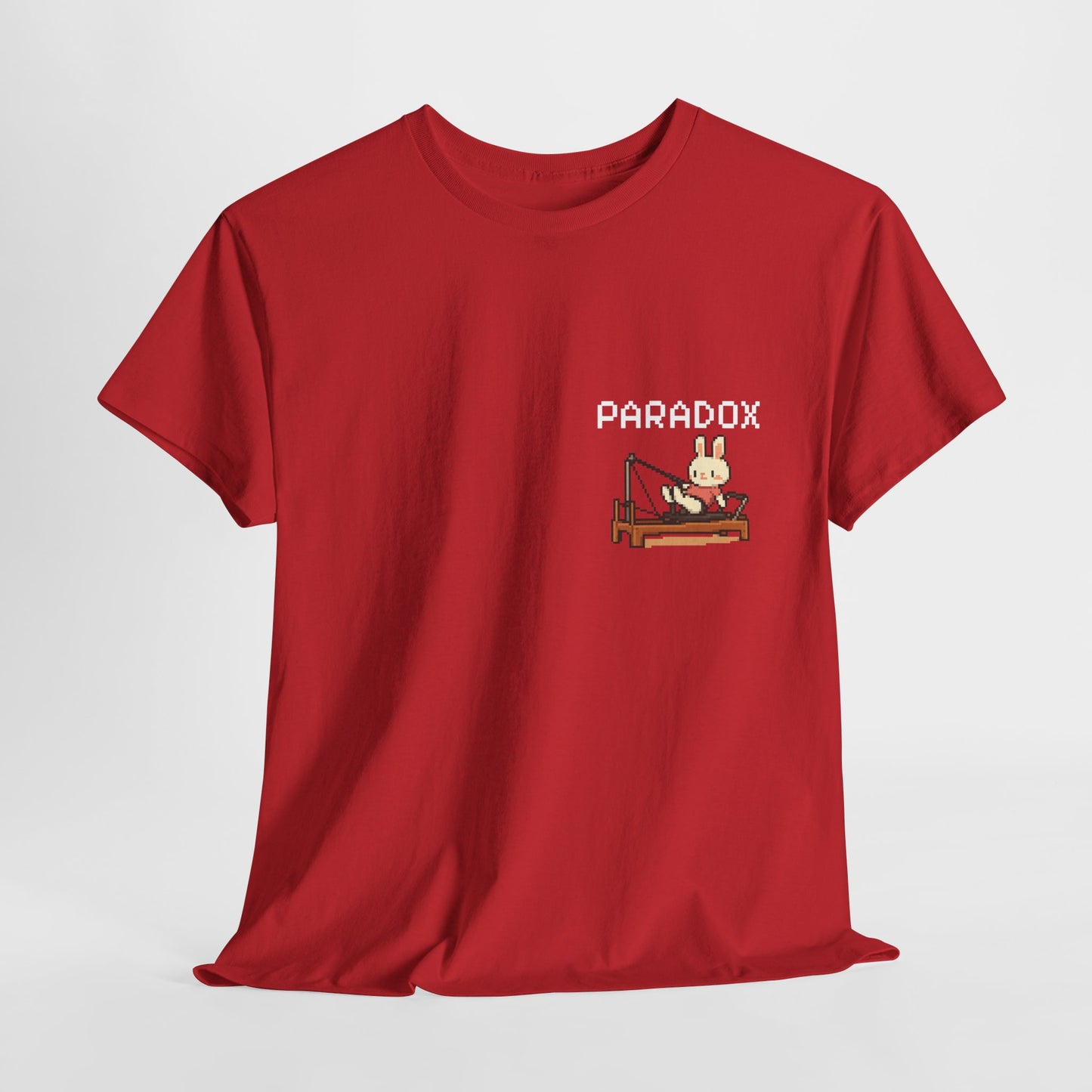 Red t-shirt with a graphic pixel art of bunny doing pilates