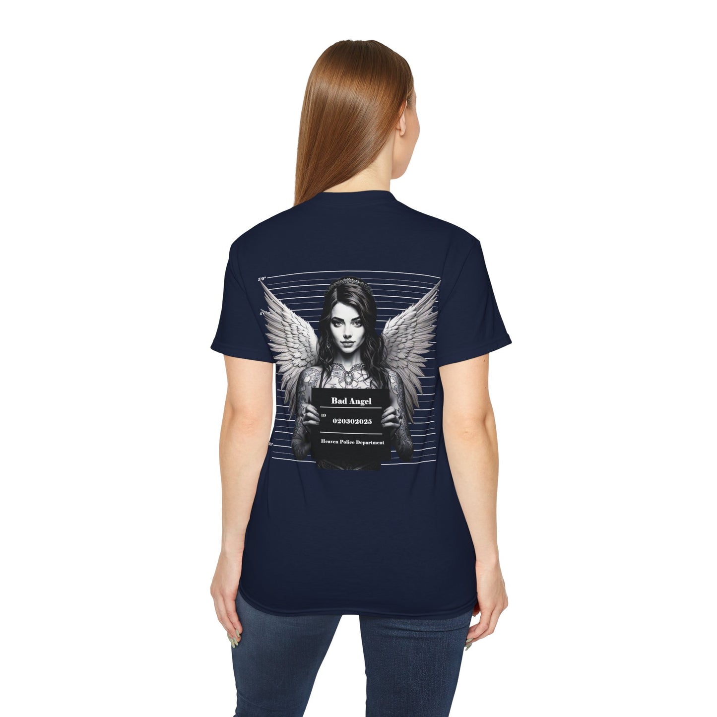 A navy blue t-shirt featuring a graphic print of a bad angel with wings, resembling a mugshot female model.