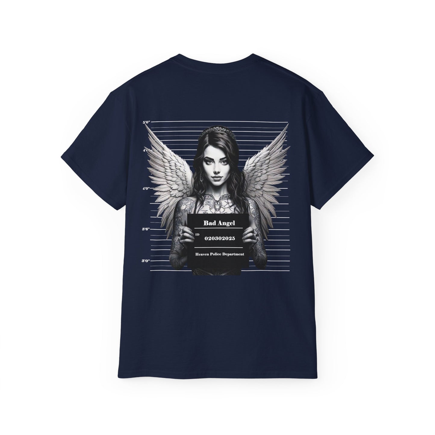 A navy blue t-shirt featuring a graphic print of a bad angel with wings, resembling a mugshot.
