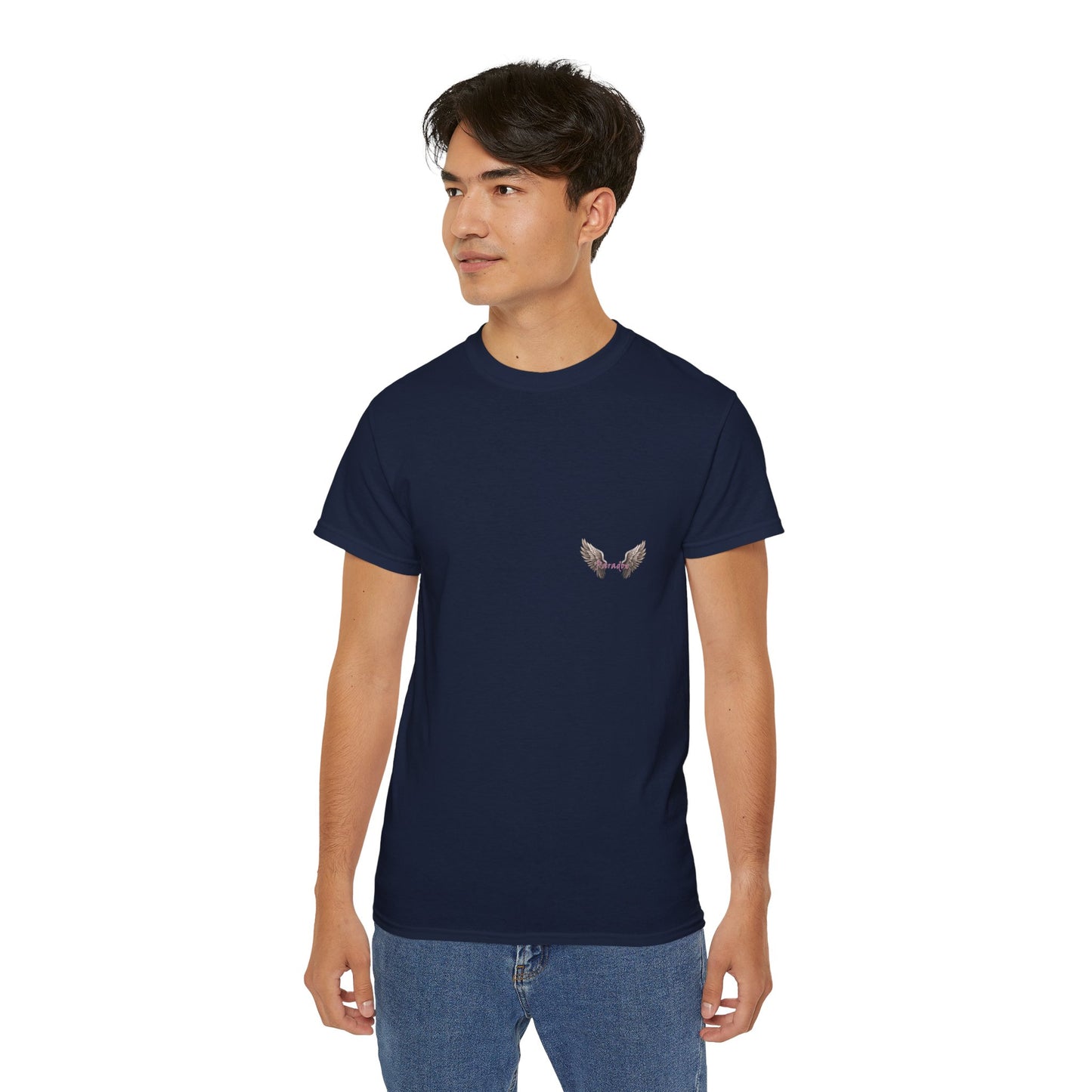 A navy blue t-shirt featuring a graphic print of a bad angel with wings, resembling a mugshot on a male model.