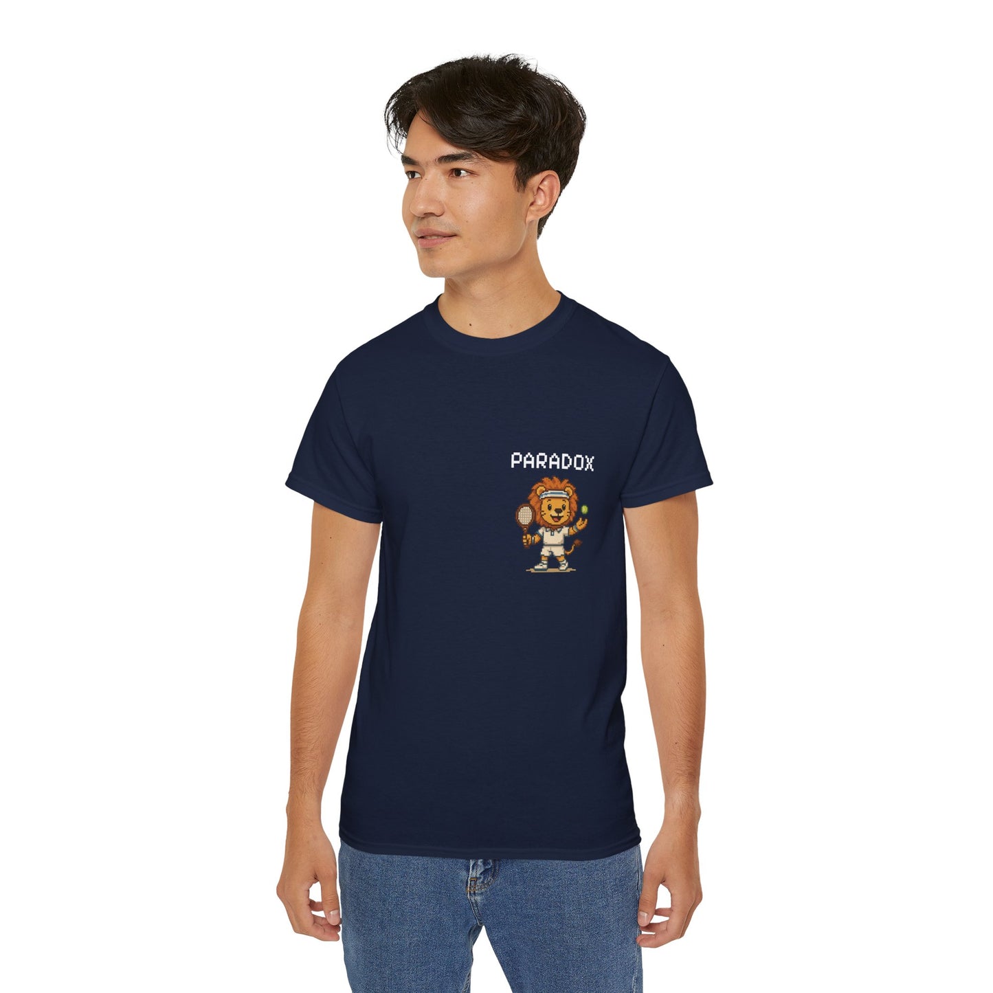Blue t-shirt with a graphic pixel art of a lion playing tennis on a male model