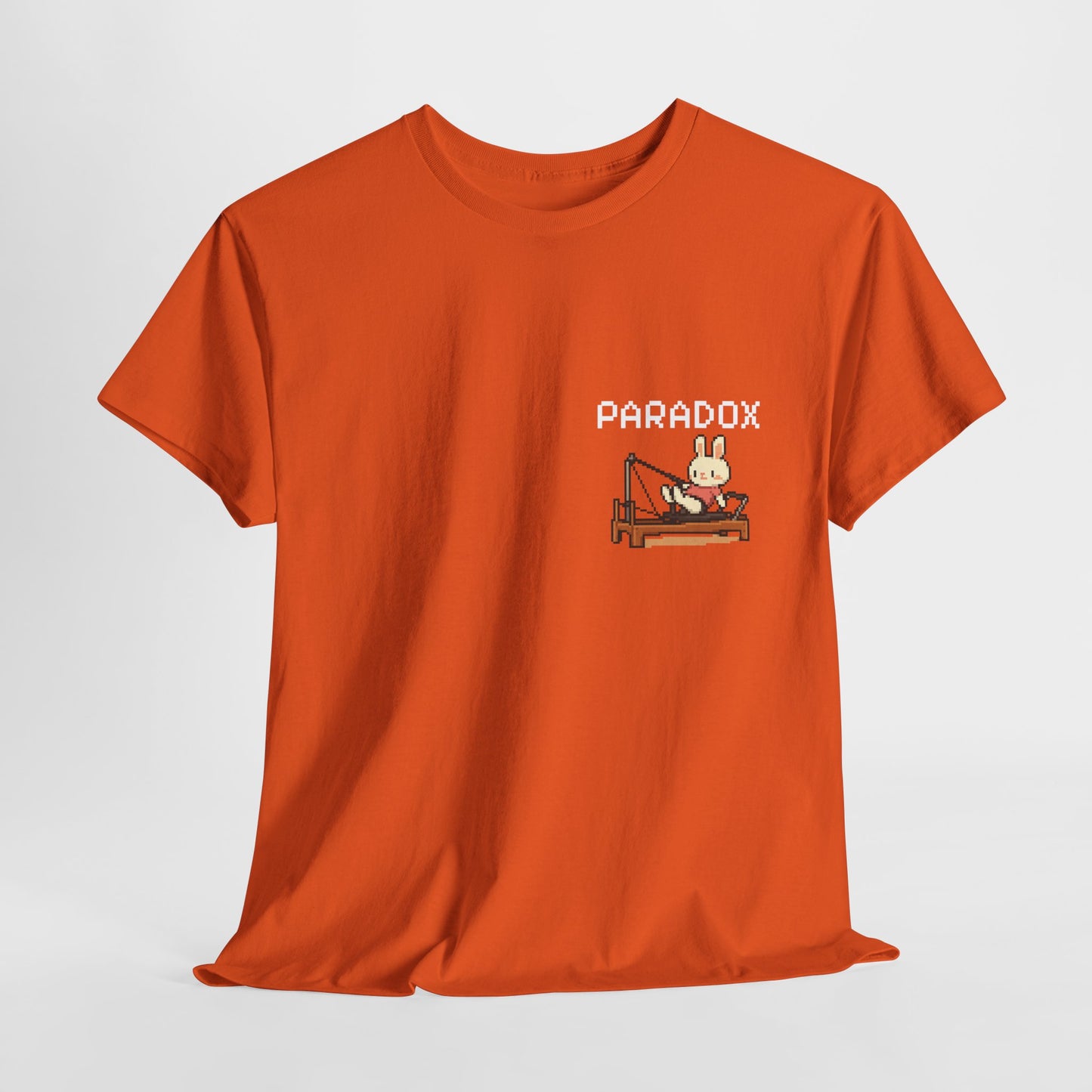 Orange t-shirt with a graphic pixel art of bunny doing pilates