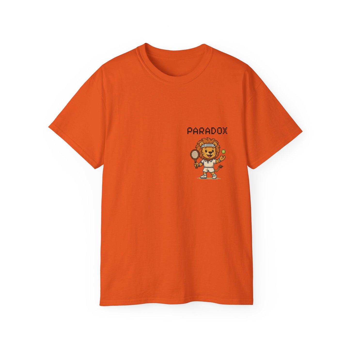 Orange t-shirt with a graphic pixel art of a lion playing tennis