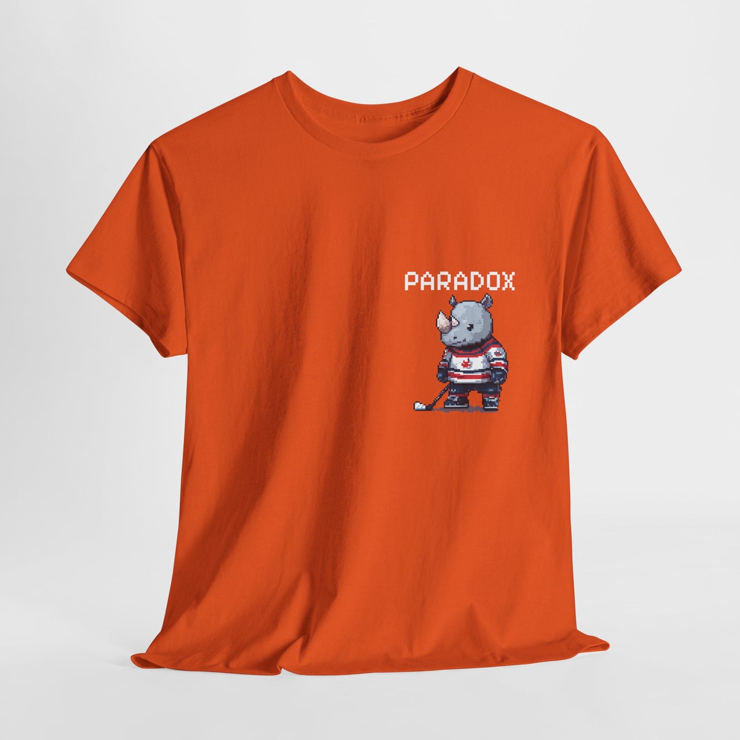 Orange t-shirt with a graphic pixel art of a rhino playing ice hockey