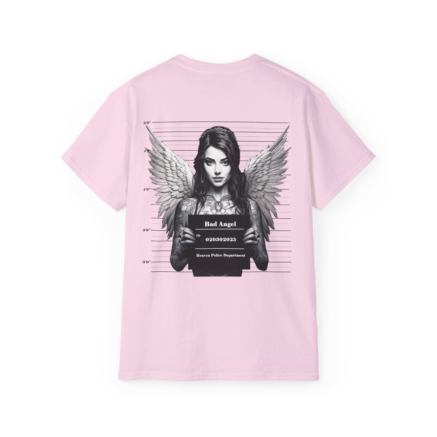 A pink t-shirt featuring a graphic print of a bad angel with wings, resembling a mugshot.