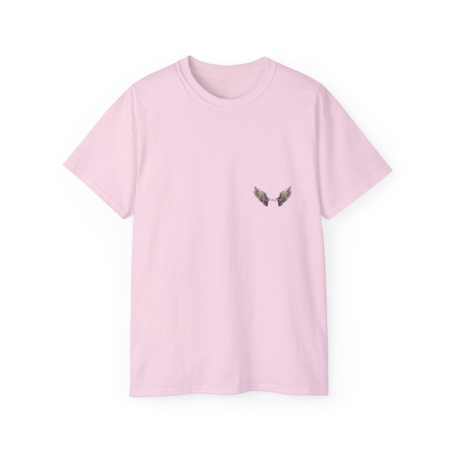 A pink t-shirt featuring a graphic print of a bad angel with wings, resembling a mugshot.