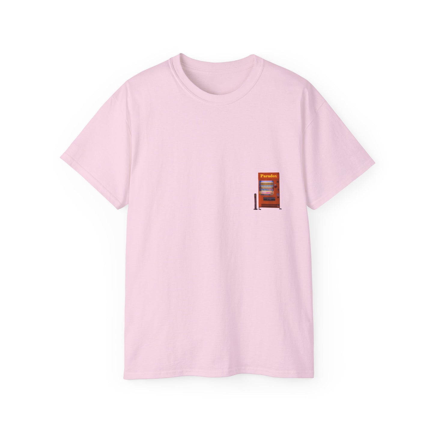 A pink t-shirt featuring a graphic print of a vintage coffe vending machine.