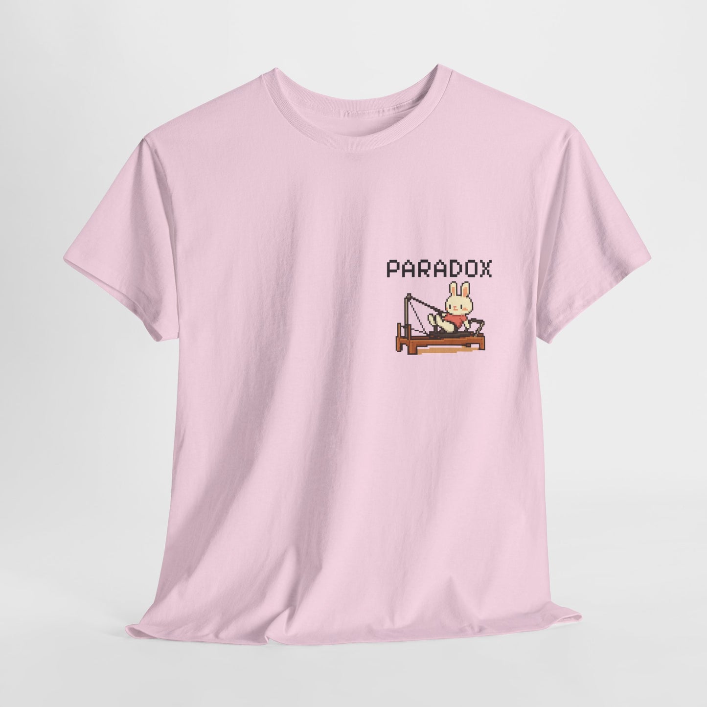Pink t-shirt with a graphic pixel art of bunny doing pilates