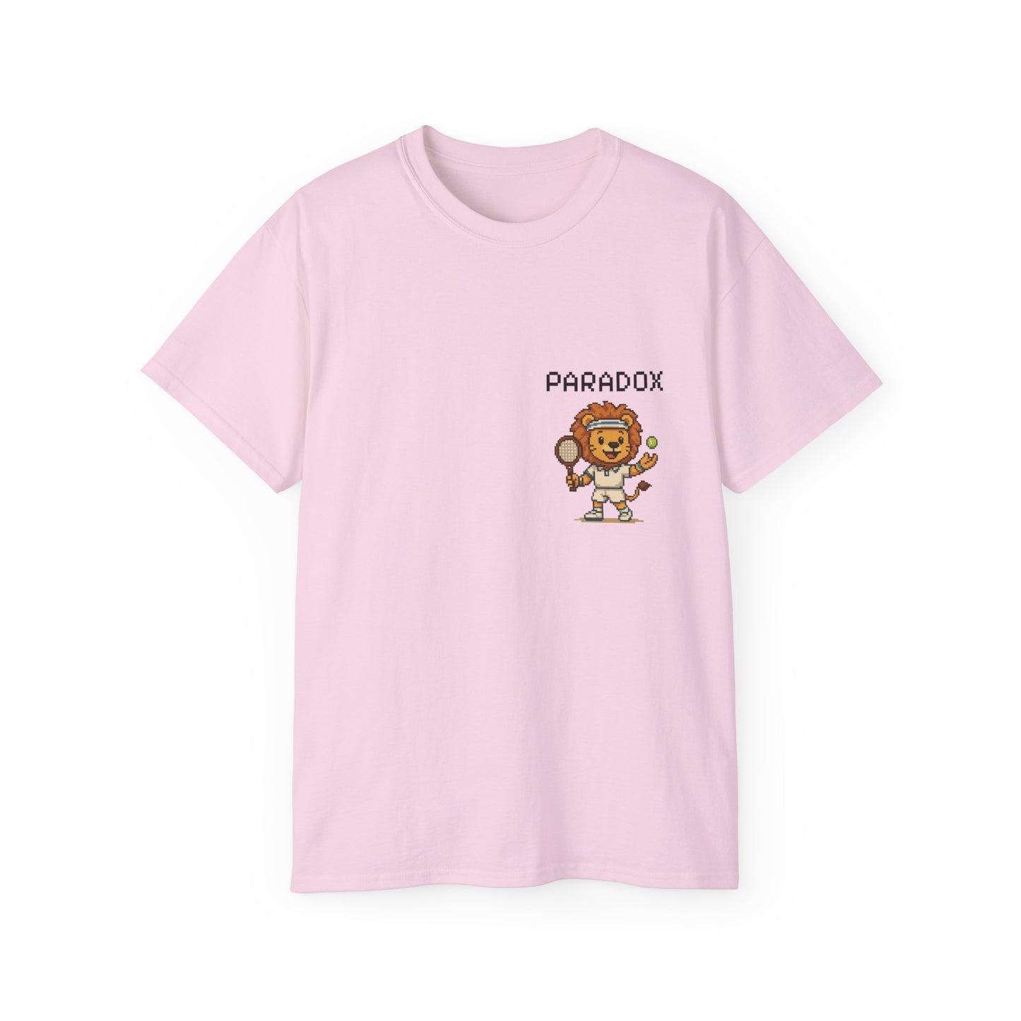 Pink t-shirt with a graphic pixel art of a lion playing tennis