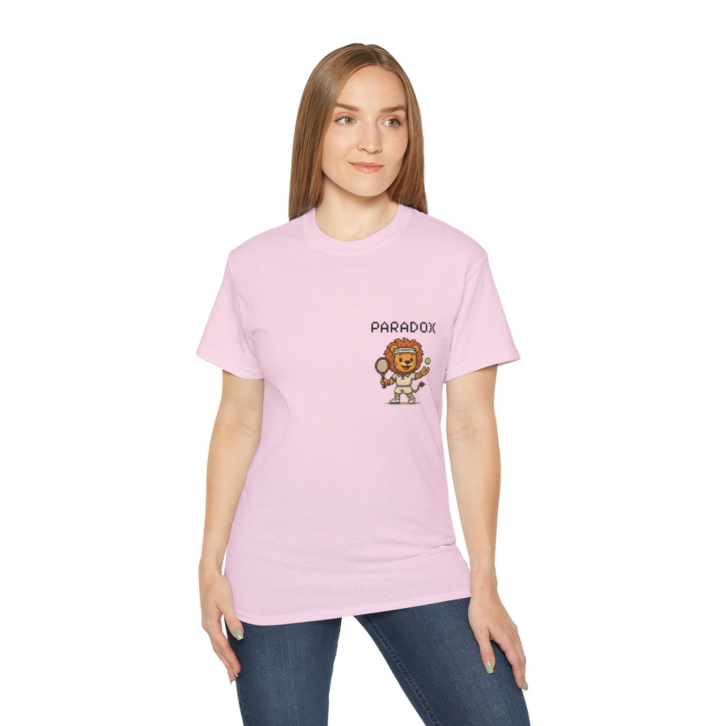Pink t-shirt with a graphic pixel art of a lion playing tennis on a female model