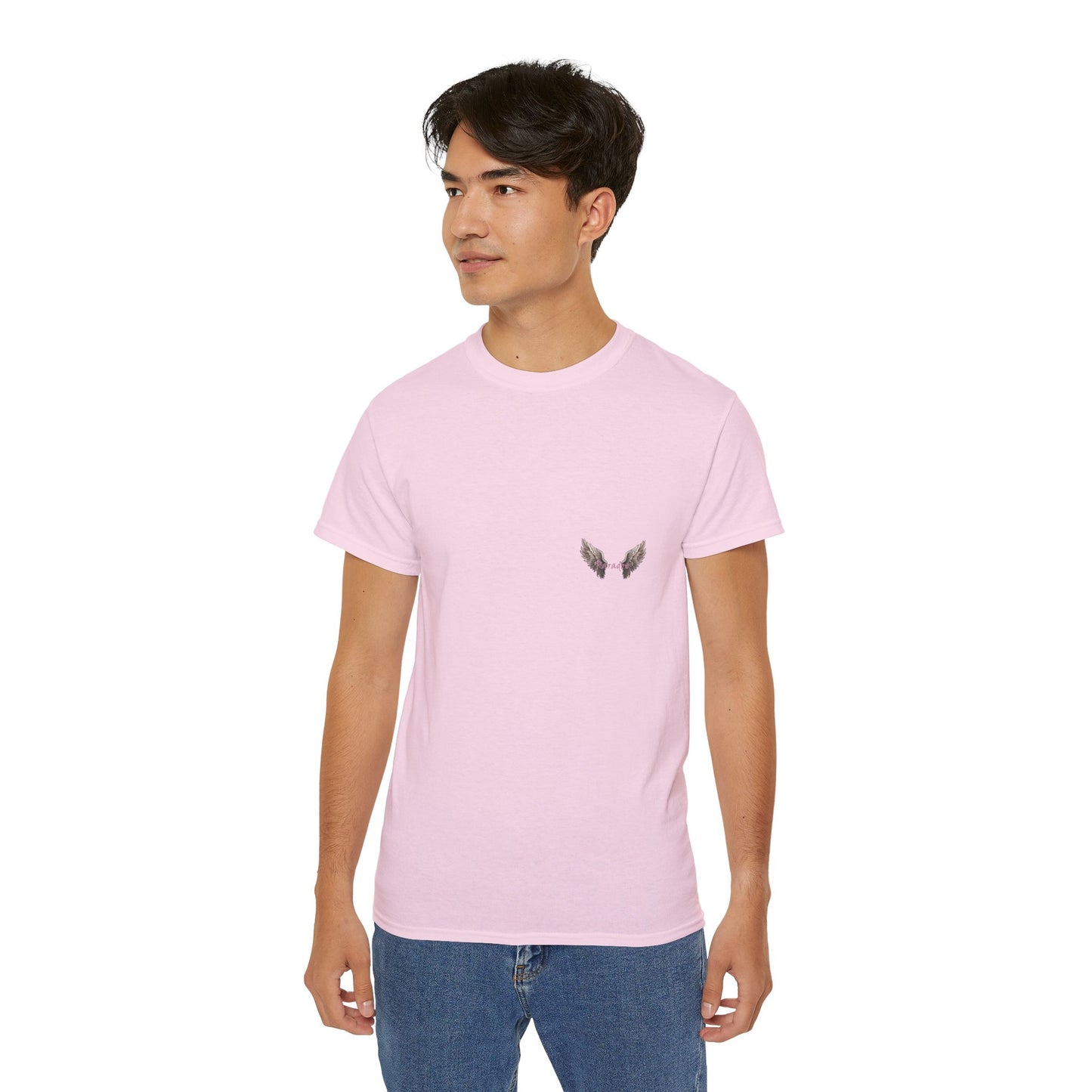 A pink t-shirt featuring a graphic print of a bad angel with wings, resembling a mugshot on a male model.
