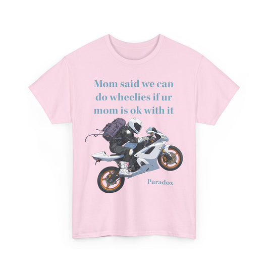 Pink t-shirt with a graphic of a motorcycle with funny text