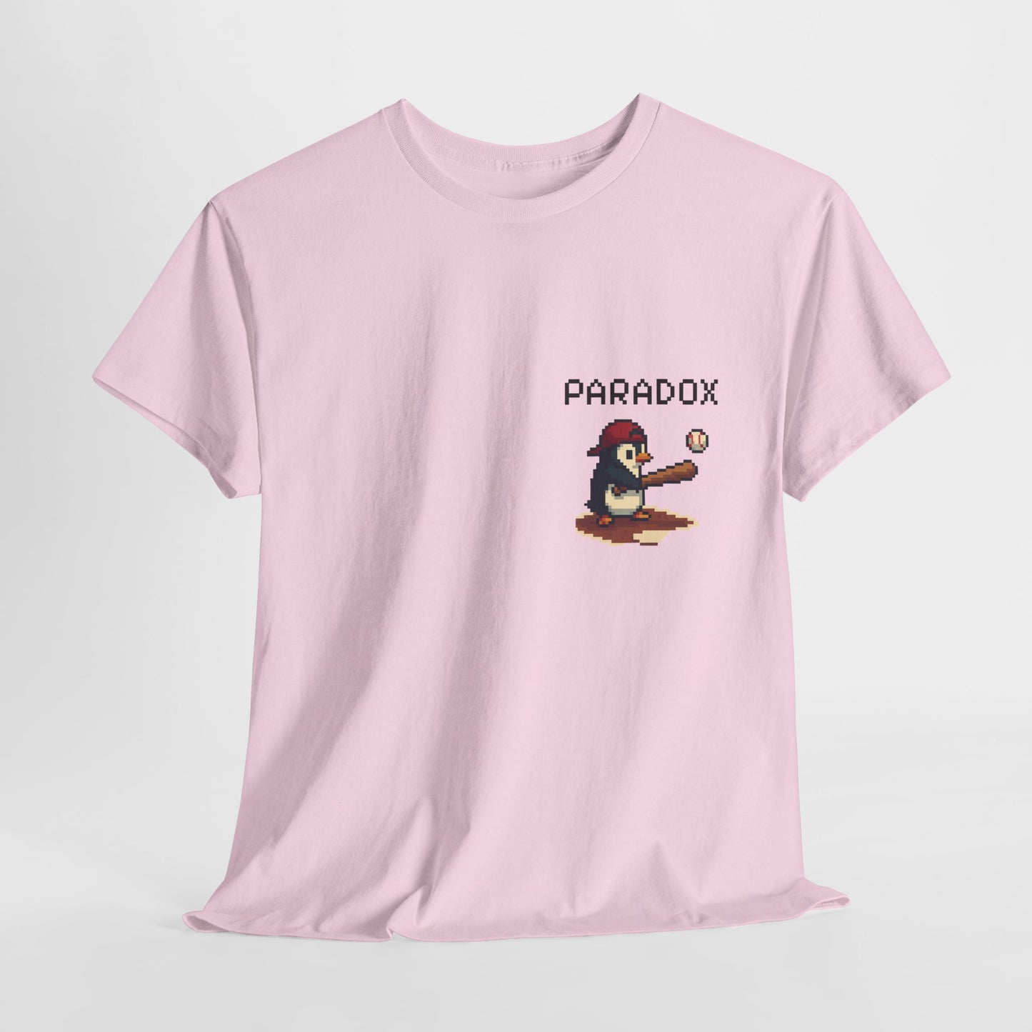 Pink t-shirt with a pixel graphic of a penguin playing baseball