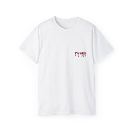 White t-shirt with a pizza slice graphic and funny