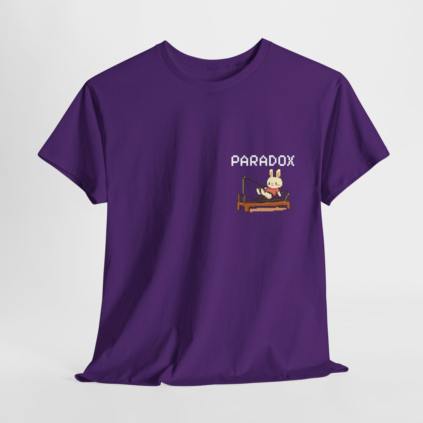 Purple t-shirt with a graphic pixel art of bunny doing pilates