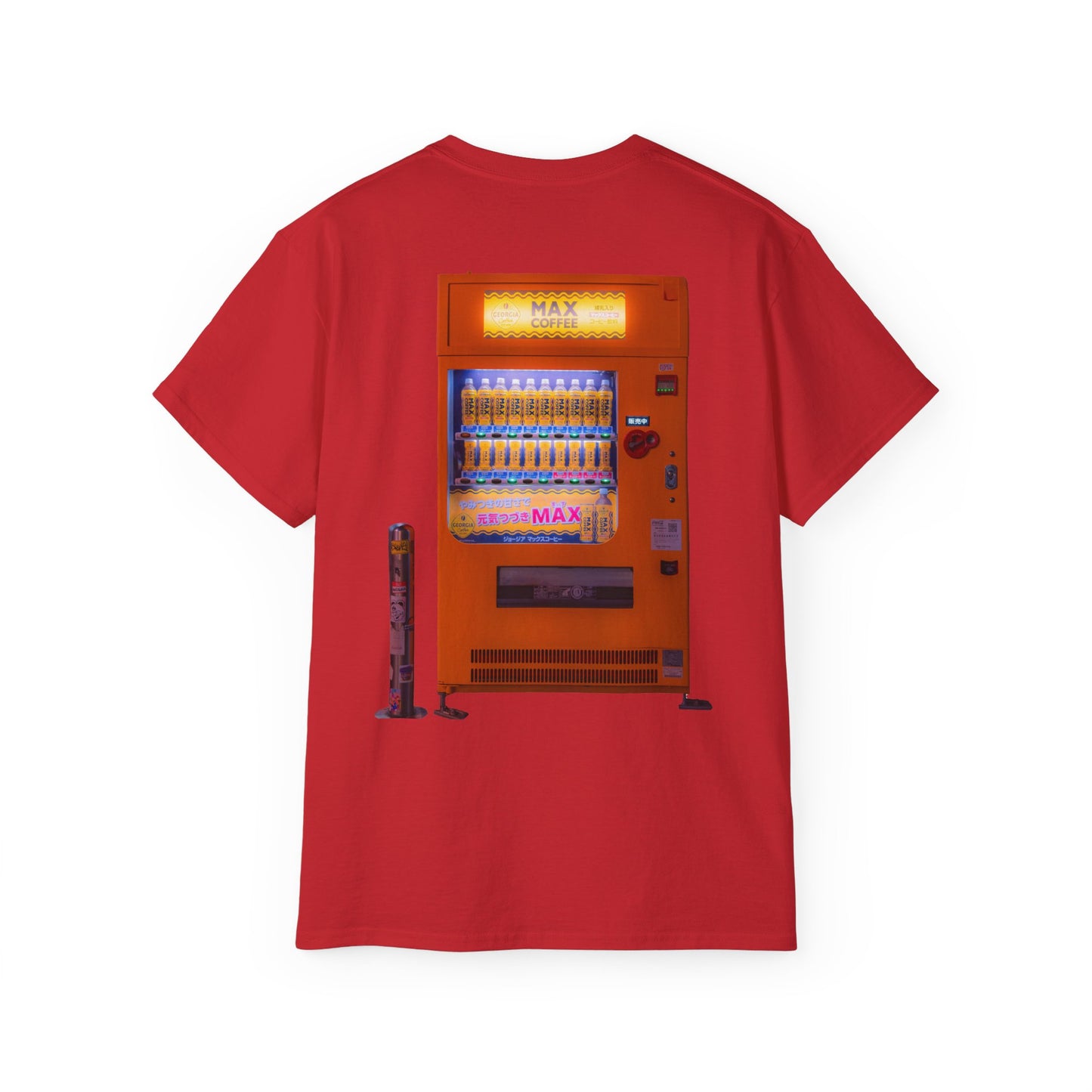 A red t-shirt featuring a graphic print of a vintage coffe vending machine.
