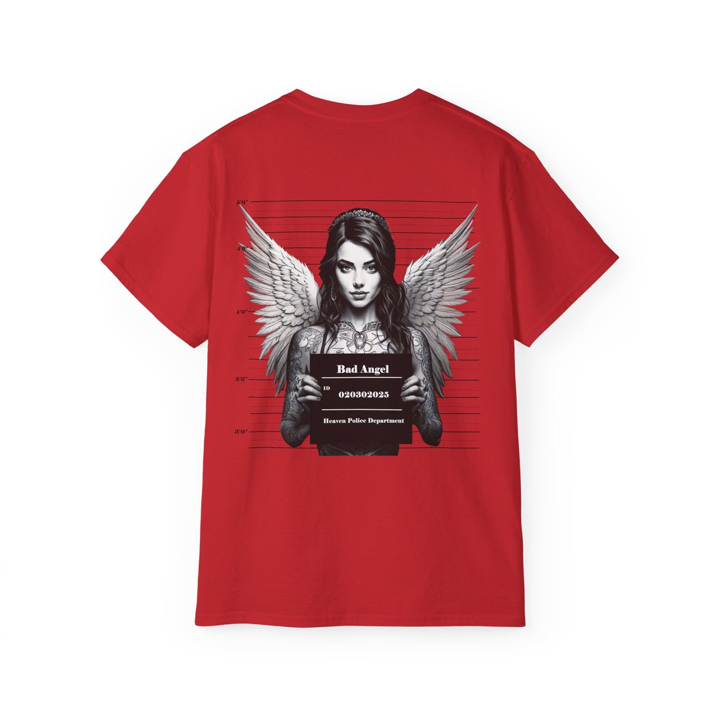 A red t-shirt featuring a graphic print of a bad angel with wings, resembling a mugshot.