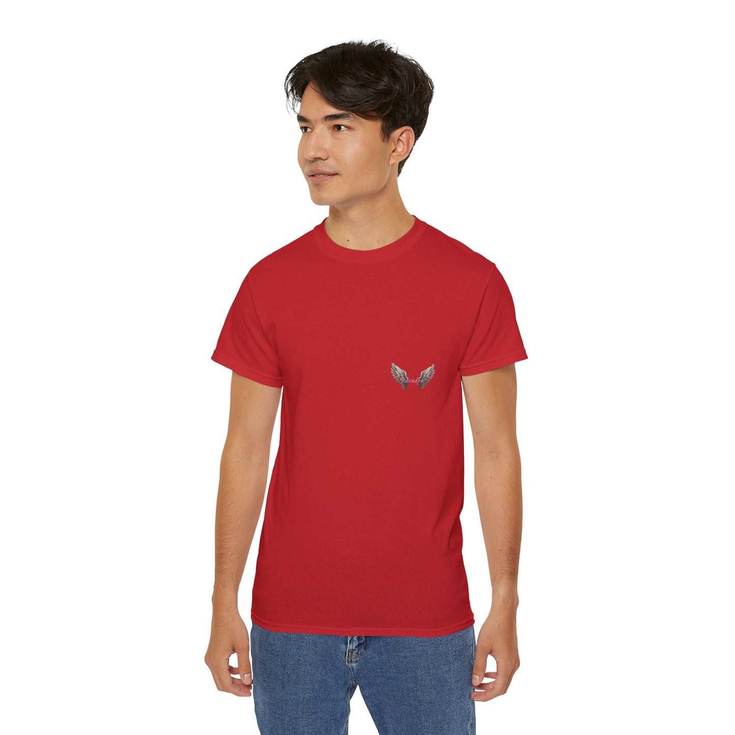 A red t-shirt featuring a graphic print of a bad angel with wings, resembling a mugshot on a male model.