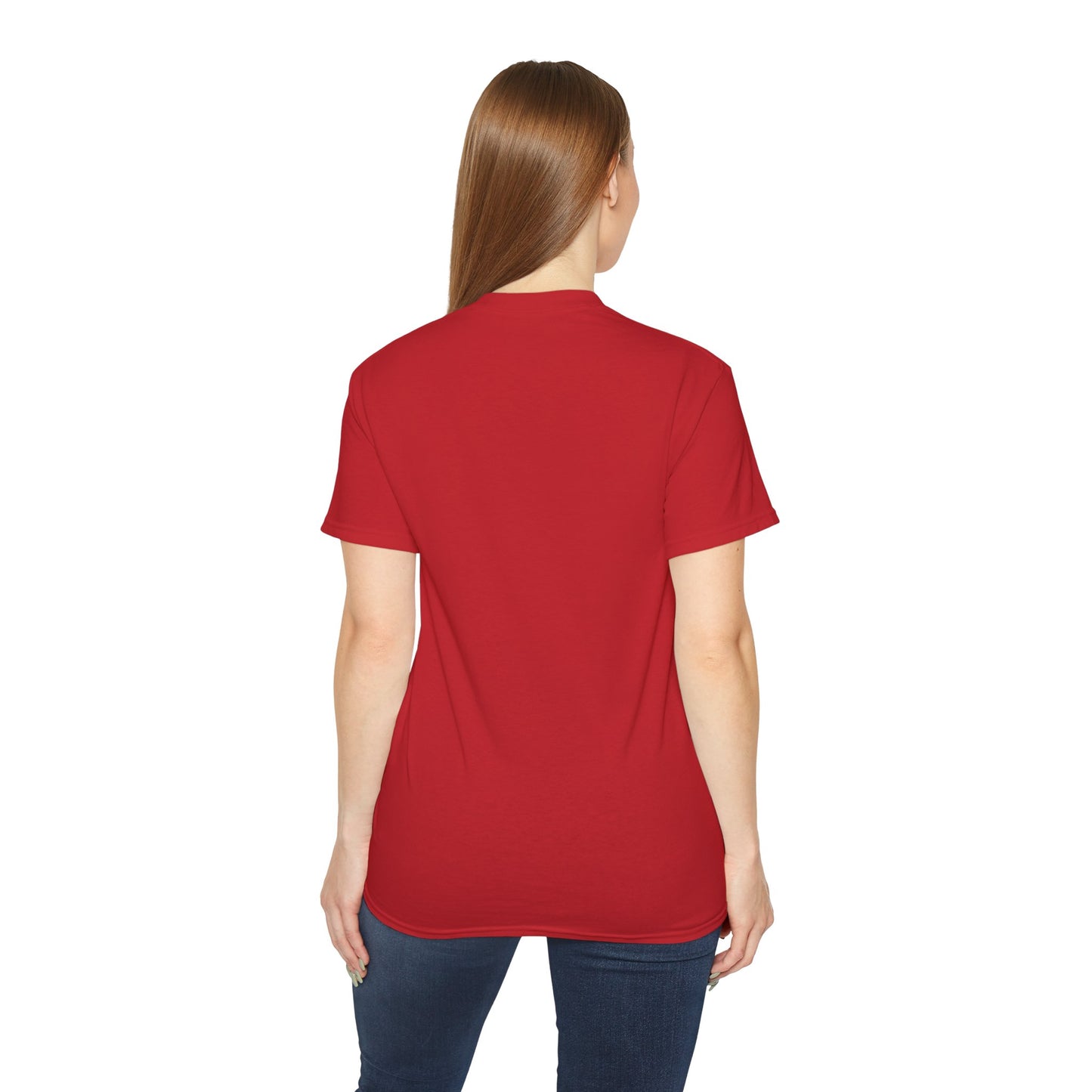 Red backside t-shirt with a cartoon dinosaur on a motorcycle and a lion saying You are out of pocket on a female model.