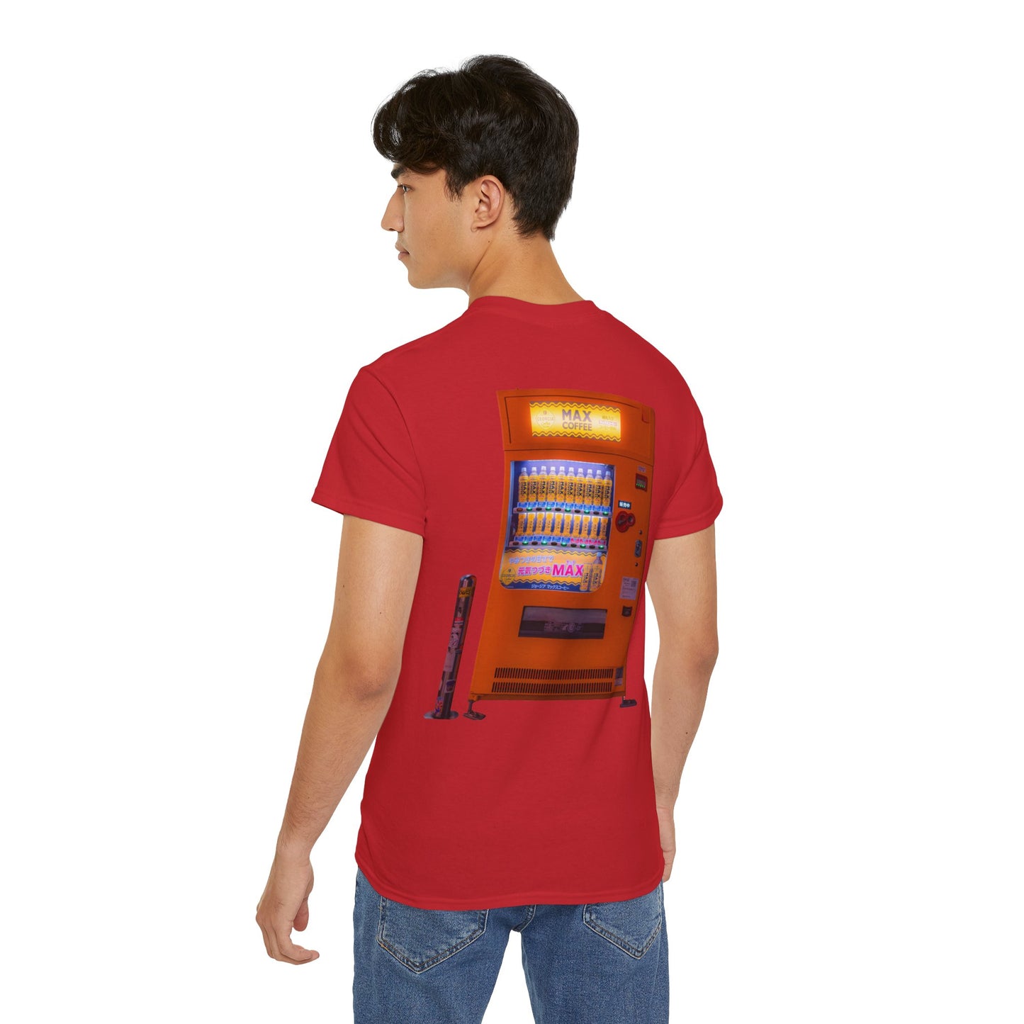 A red t-shirt featuring a graphic print of a vintage coffe vending machine on a male model.