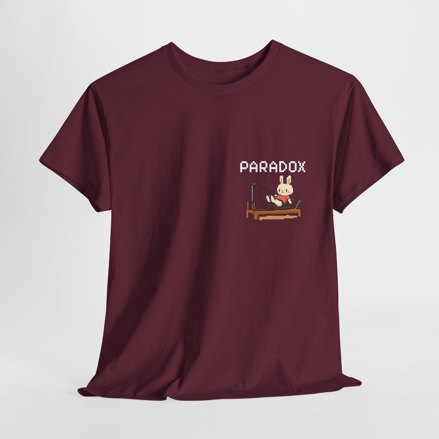 Red t-shirt with a graphic pixel art of bunny doing pilates