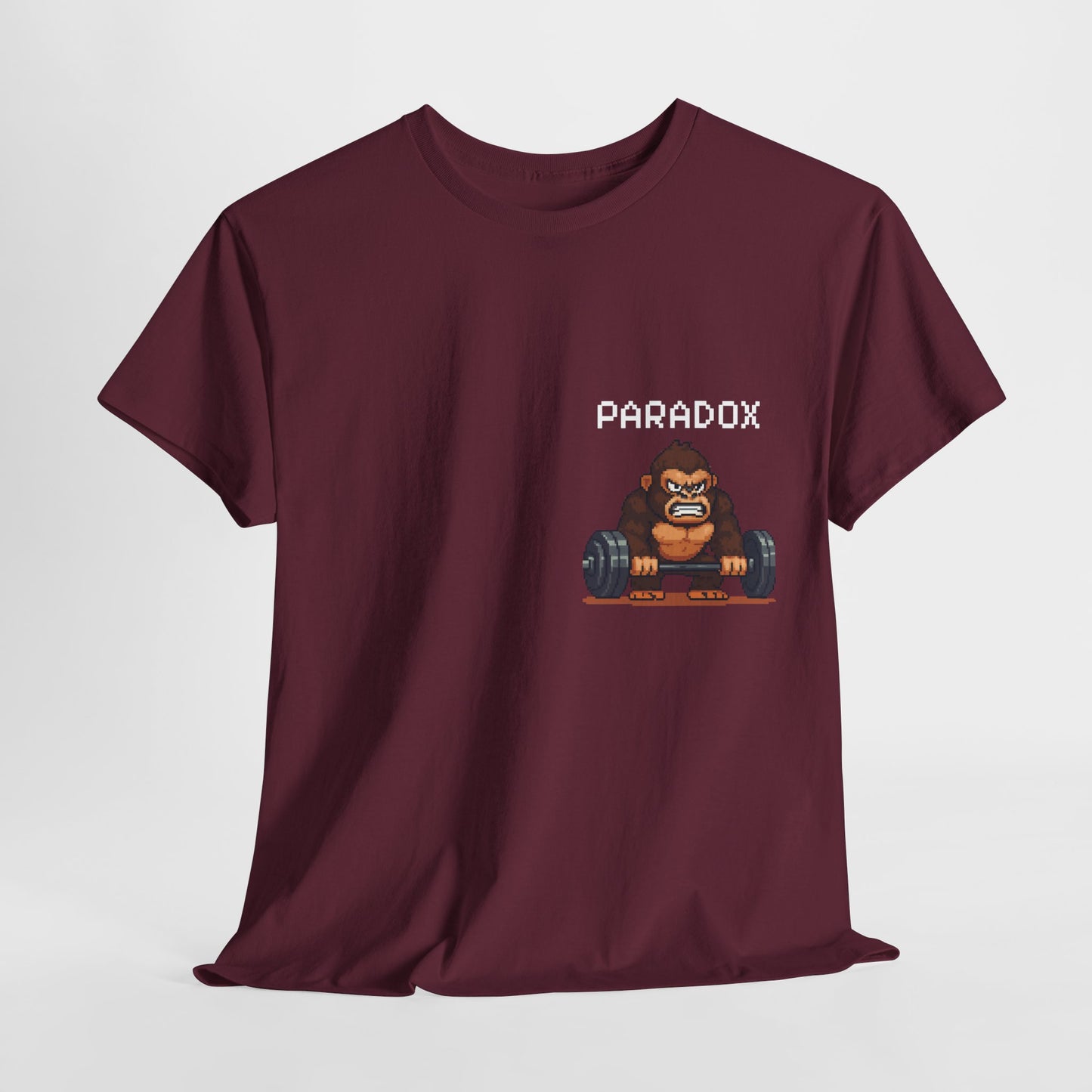 Red t-shirt with a graphic pixel art of gorilla in the gym