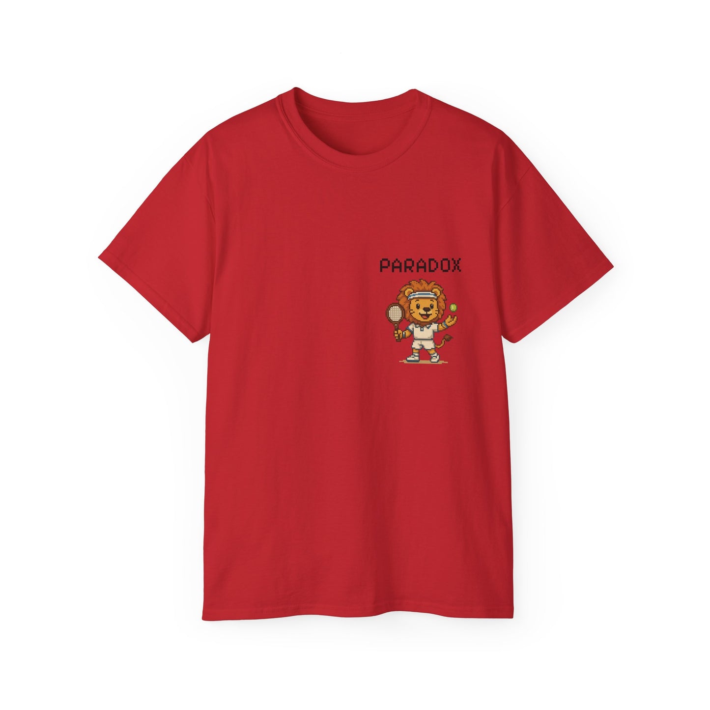 Red t-shirt with a graphic pixel art of a lion playing tennis