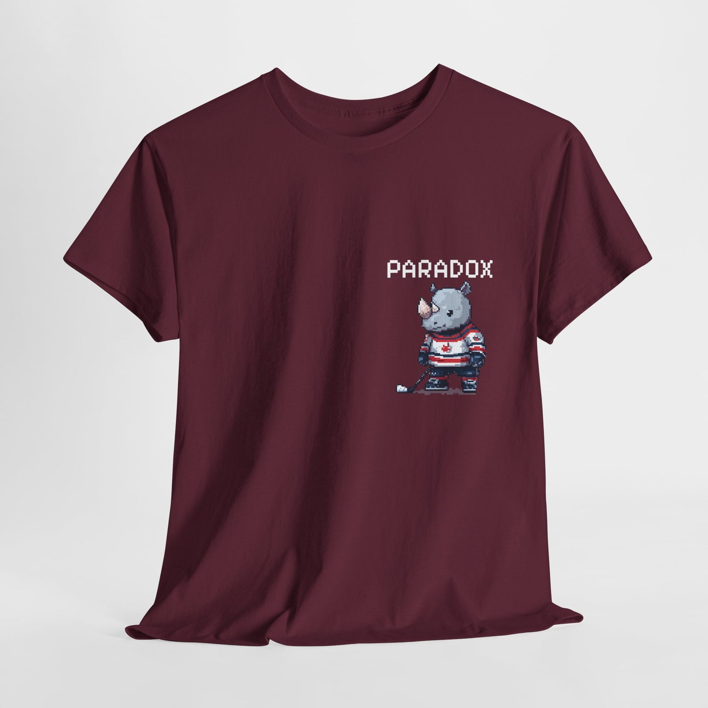 Red t-shirt with a graphic pixel art of a rhino playing ice hockey