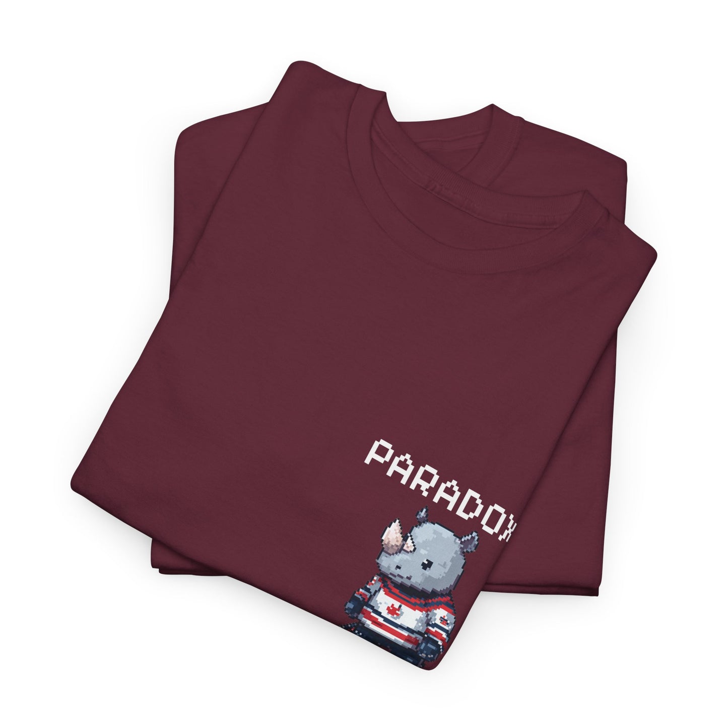 Red t-shirt with a graphic pixel art of a rhino playing ice hockey close up