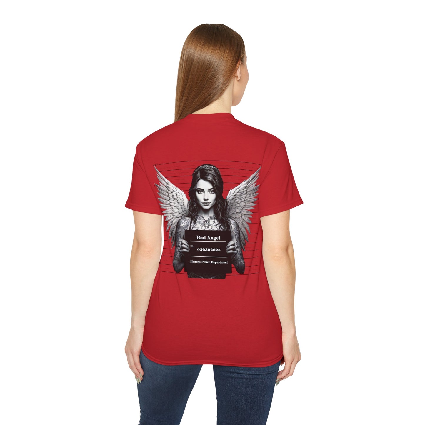 A red t-shirt featuring a graphic print of a bad angel with wings, resembling a mugshot on a female model.