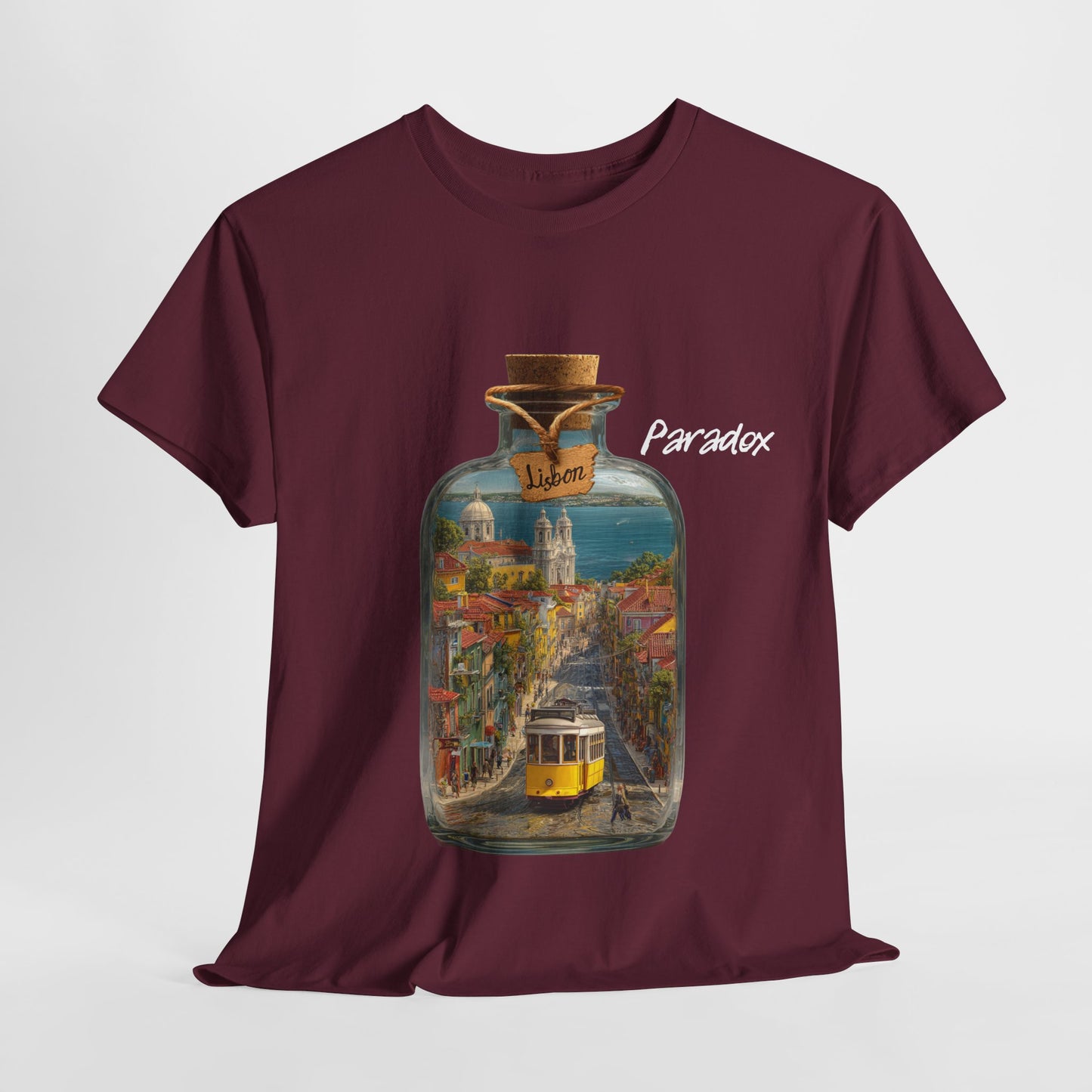 Red t-shirt of glass bottle with Lisbon